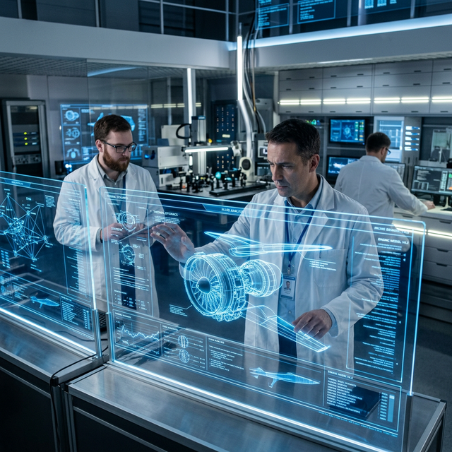 A sophisticated high-tech office environment with automated dashboard displays showing real-time growth metrics and sleek minimalist furniture